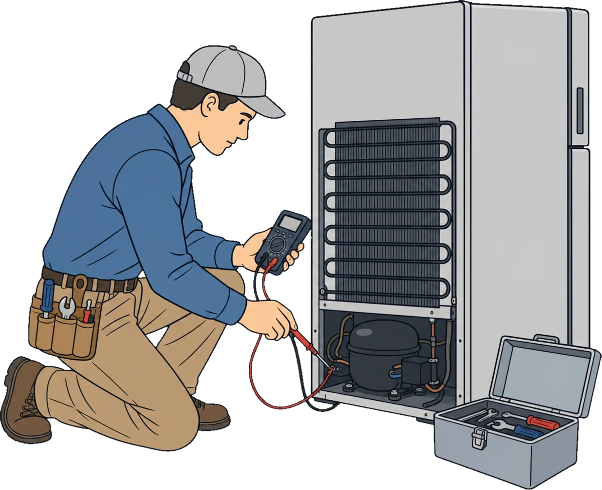 Appliance repair technician testing a refrigerator in a home kitchen