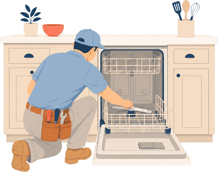 Technician servicing an open built-in dishwasher in Sioux Falls, SD