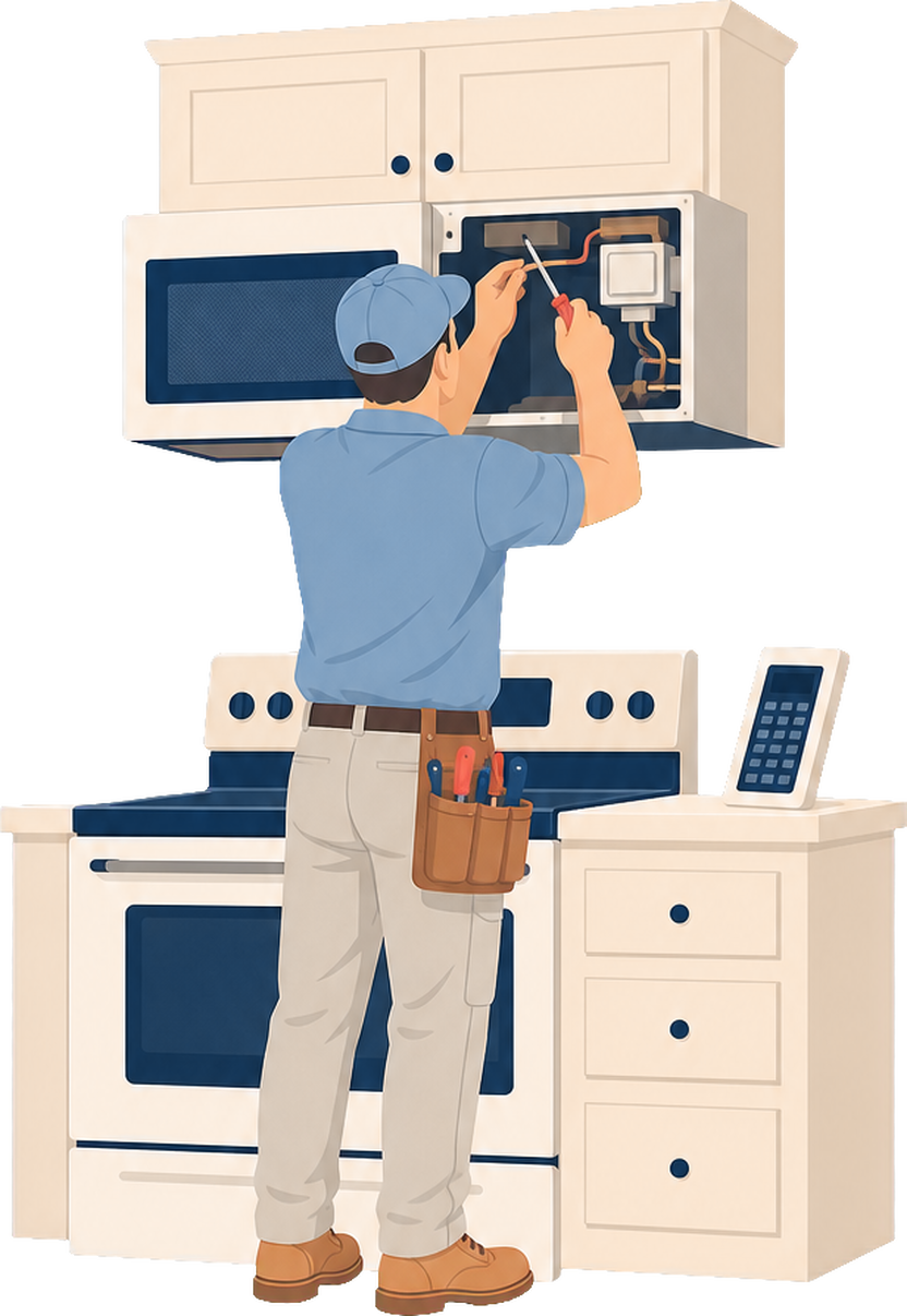 Technician repairing an over-the-range microwave in Sioux Falls, SD
