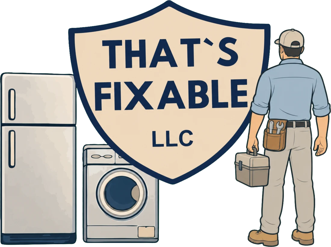 Refrigerator, washing machine, company shield sign and a repair technician - appliance repair in Sioux Falls, SD