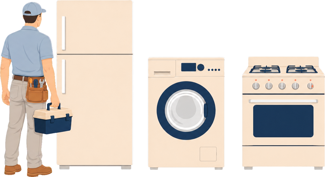 Appliance repair technician with a toolbox beside a refrigerator, washing machine and range in Sioux Falls, SD