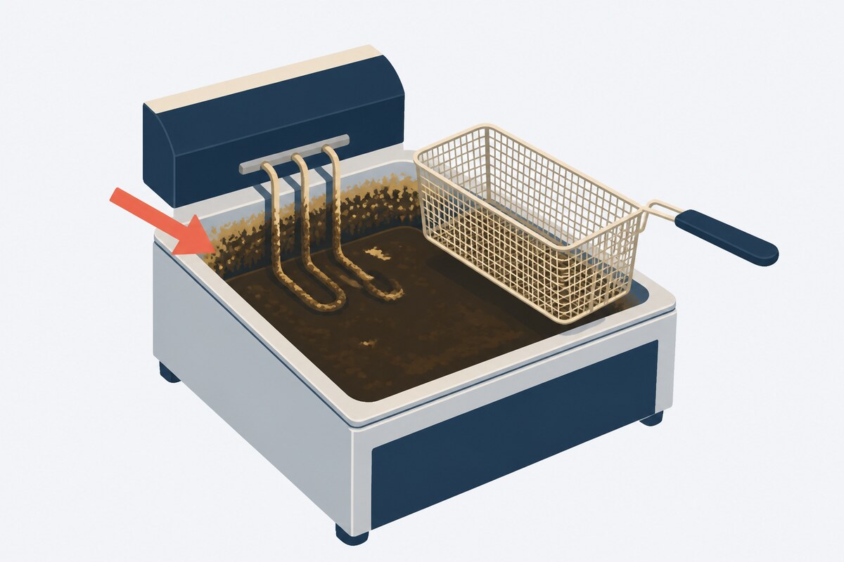 Commercial fryer vat with dark over-used oil and heavy residue
