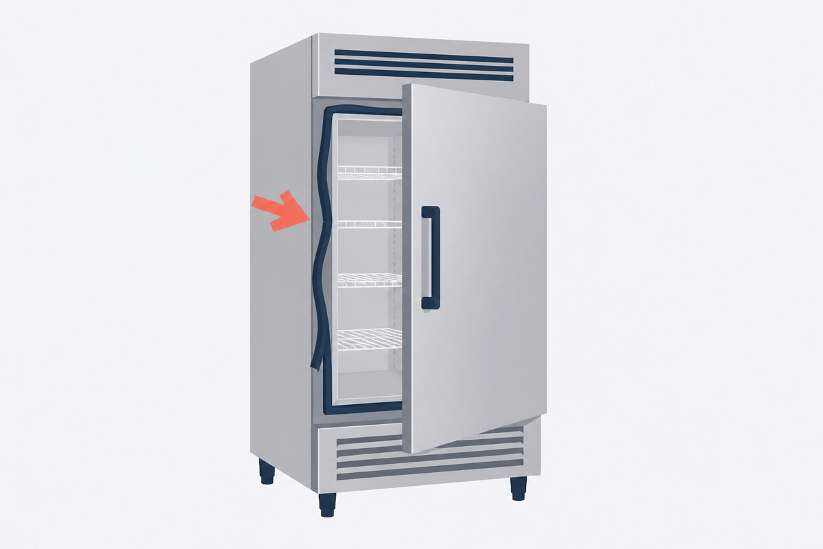 Torn door gasket hanging loose on a commercial reach-in cooler
