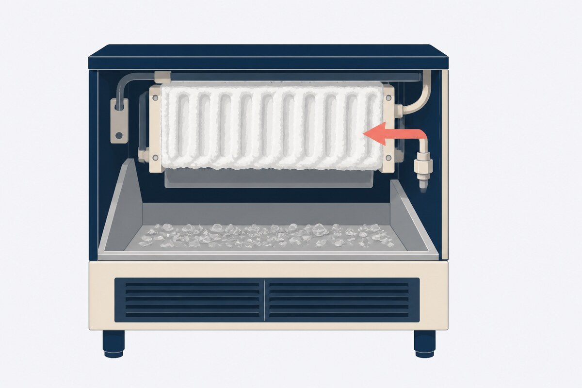 Commercial ice machine evaporator plate coated with heavy scale