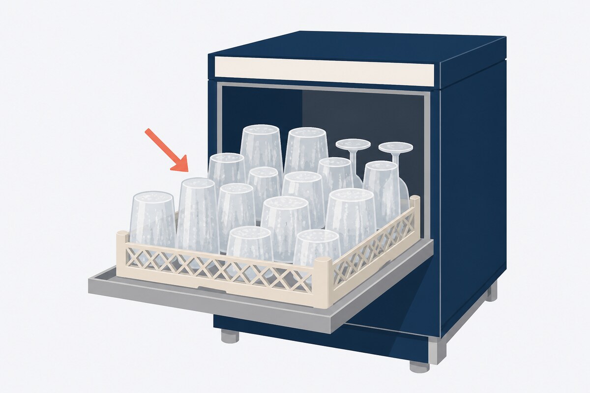 Rack of glasses clouded with white film from a commercial dishwasher