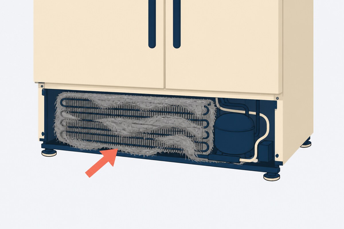 Dust-clogged condenser coils under a refrigerator