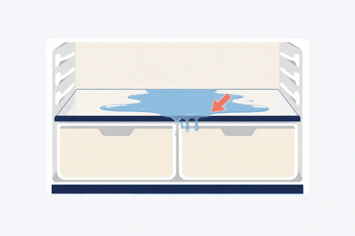 Water pooling under the crisper drawers of a refrigerator
