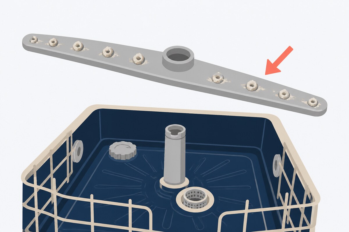 Dishwasher spray arm with jet holes blocked by scale and debris