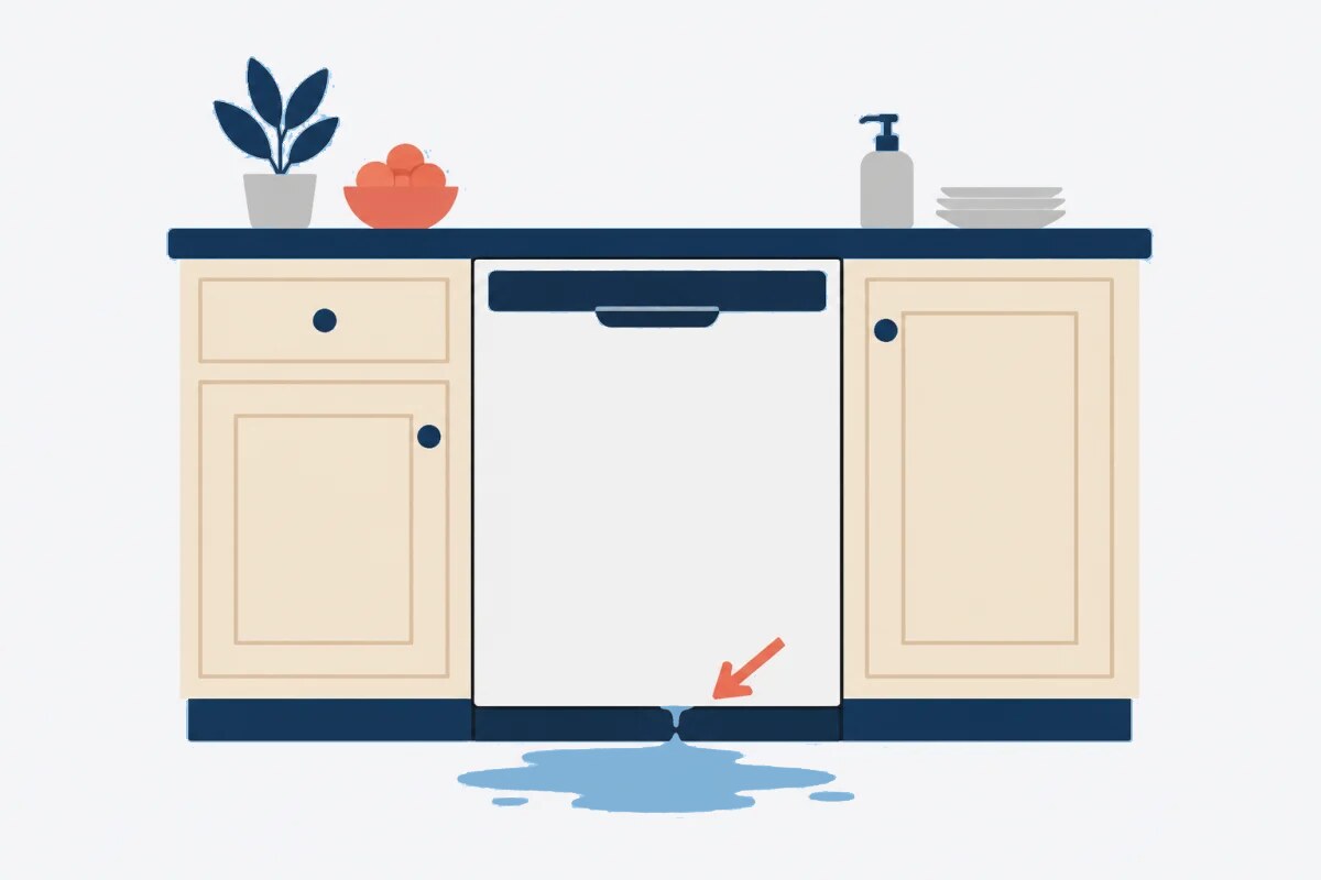 Water leaking from the bottom edge of a dishwasher door onto the floor