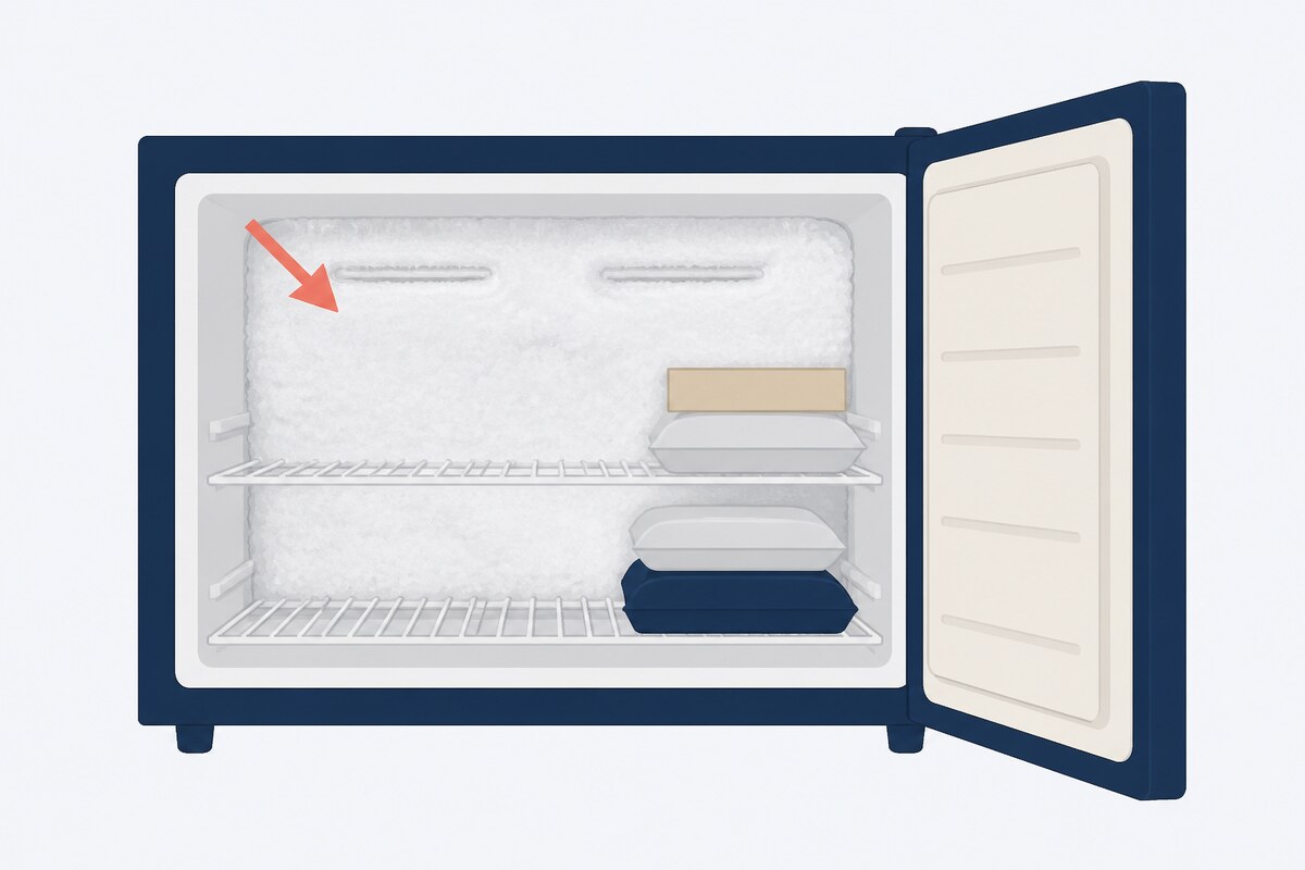 Frost buildup on the back wall of a refrigerator freezer compartment