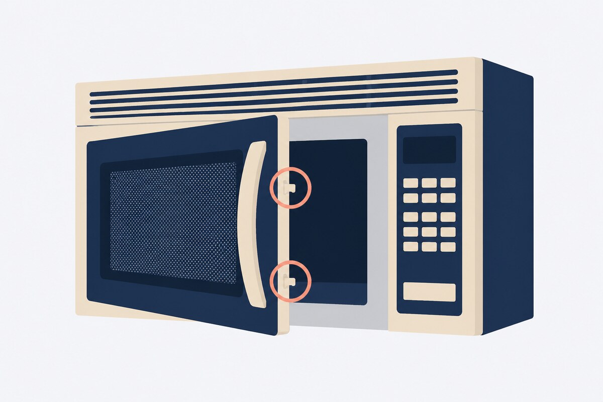 Microwave door standing ajar with the latch hooks visible