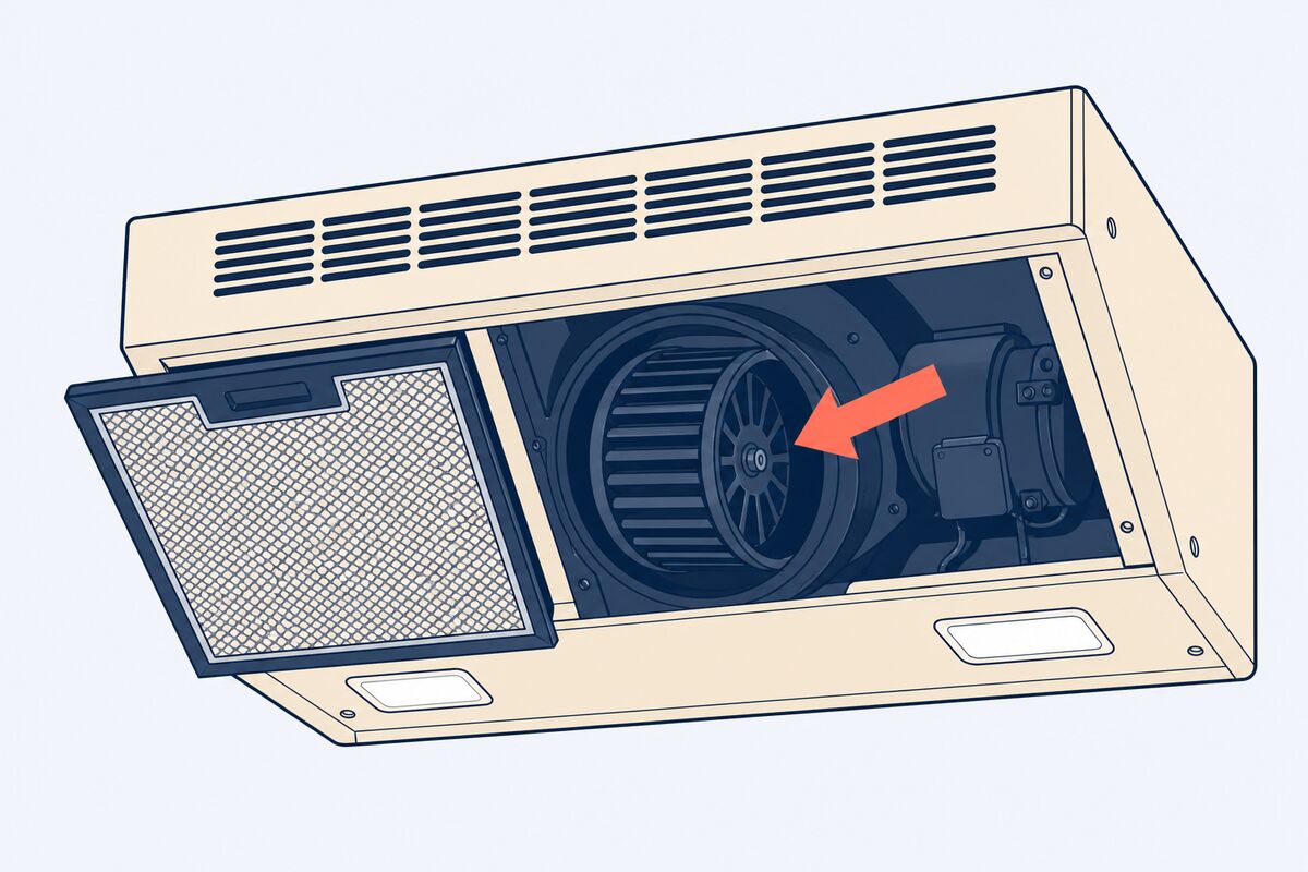 Blower wheel of an over-the-range microwave vent fan, with the grease filter slid out of its slot