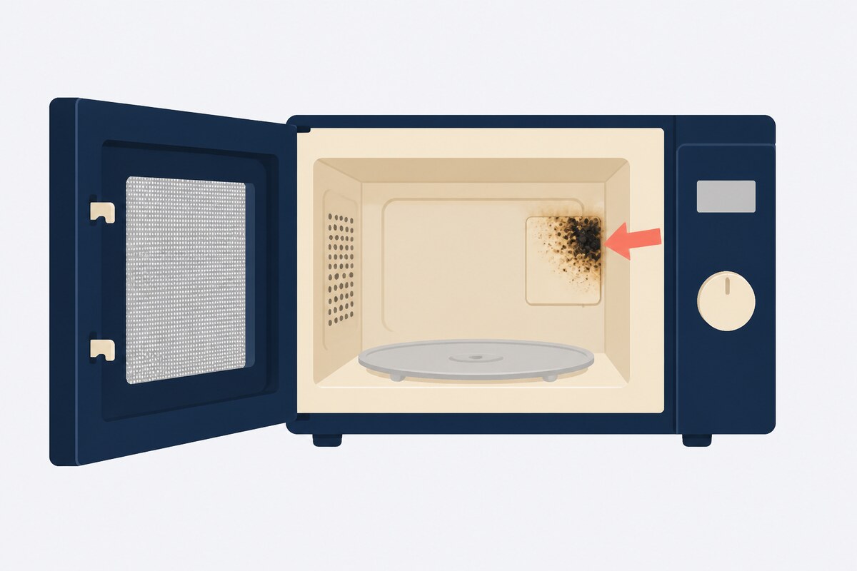 Burnt and charred waveguide cover inside a microwave