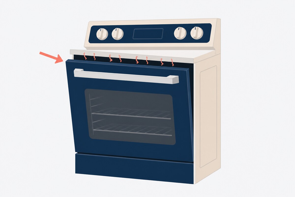 Oven door sitting crooked with a visible gap along the top edge