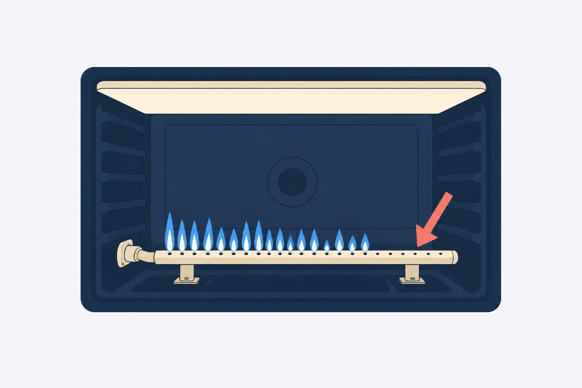 Gas oven burner with an uneven patchy line of flames