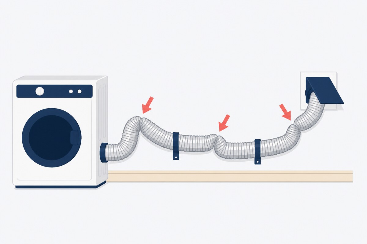 Long flexible dryer duct with several tight kinks and bends